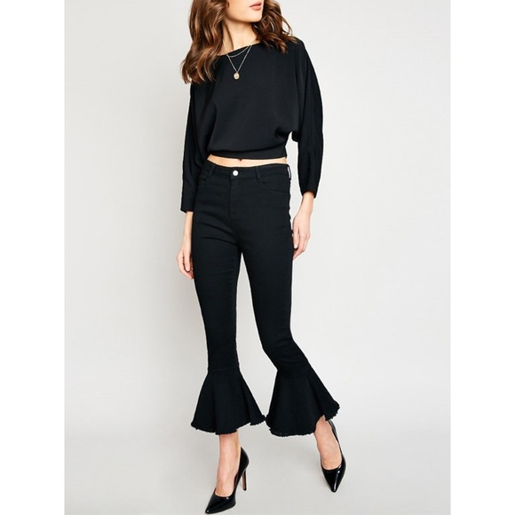 Bell Bottom Classic Retro High Waist Cropped Flared Raw Hem Pants Black - Picture 3 of 13